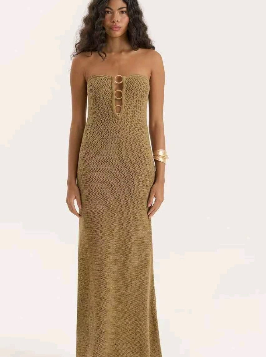 Vestido Diosa Solar Maxi Strapless de Punto con Abertura
