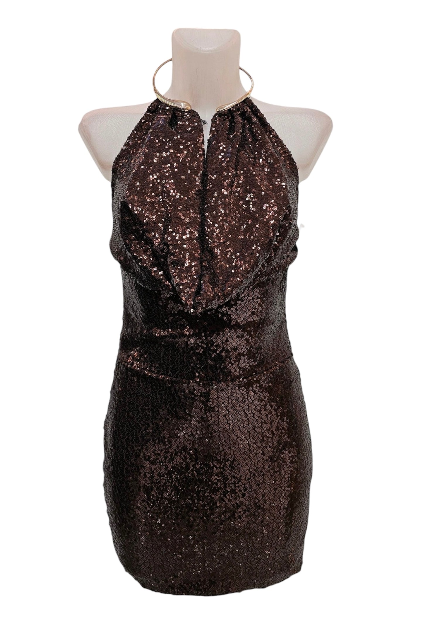 Vestido Vegas Halter de lentejuelas con aros dorados