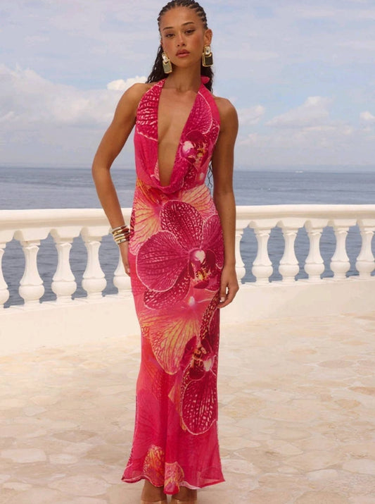 Vestido "Atardecer Tropical" Maxi Halter Drapeado