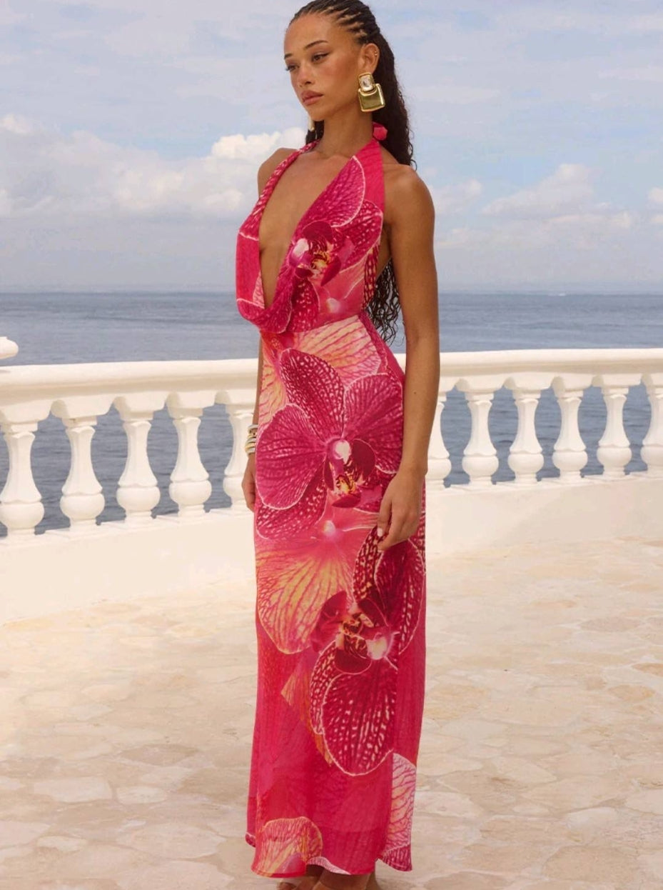 Vestido "Atardecer Tropical" Maxi Halter Drapeado